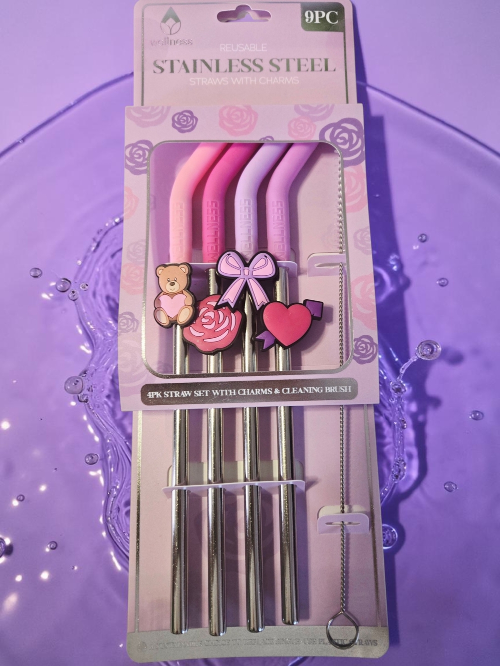 NEW Wellness 4PK Straw Set with Charms & Cleaning Brush New In Box Open Box 9 PC